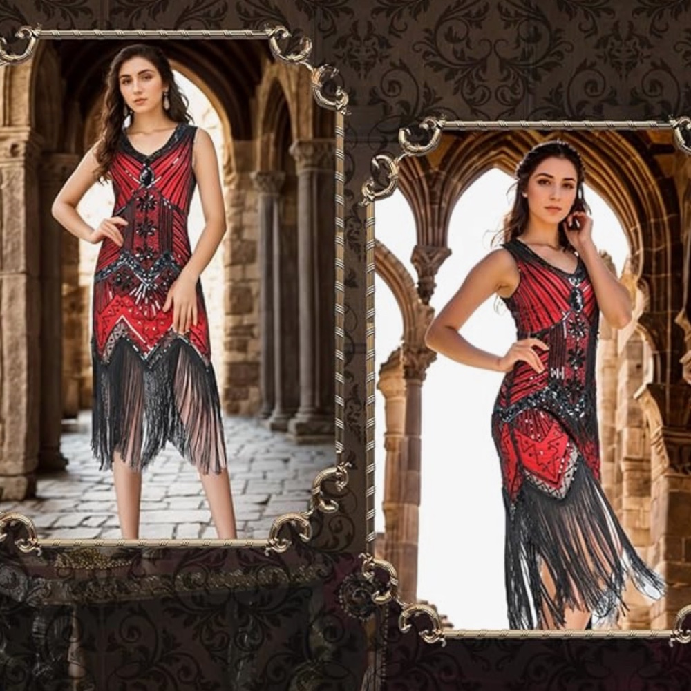 1920s Vintage Flapper V-Neck Fringed Costume Halloween Set